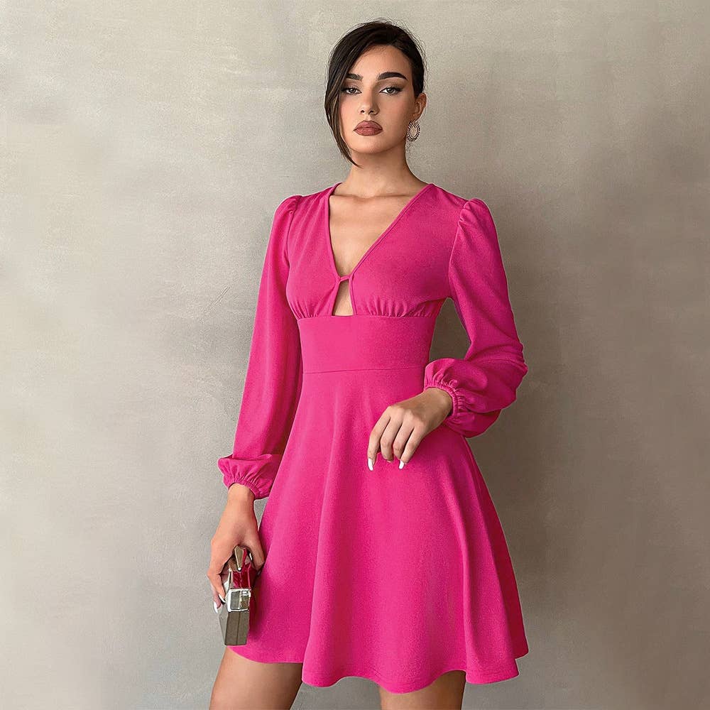 Cinched waist V-neck puffed-sleeve dress