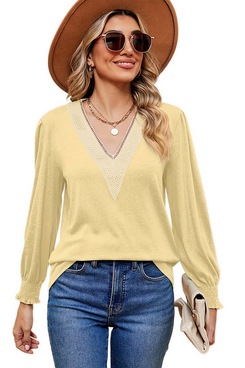 CWTBLL2396_V NECK LACE TRIM LONG SLEEVE LOOSE PULLOVER