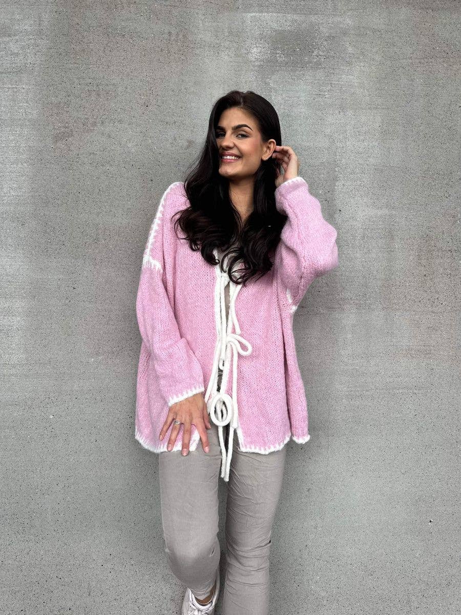 Color-blocking bow knitted cardigan