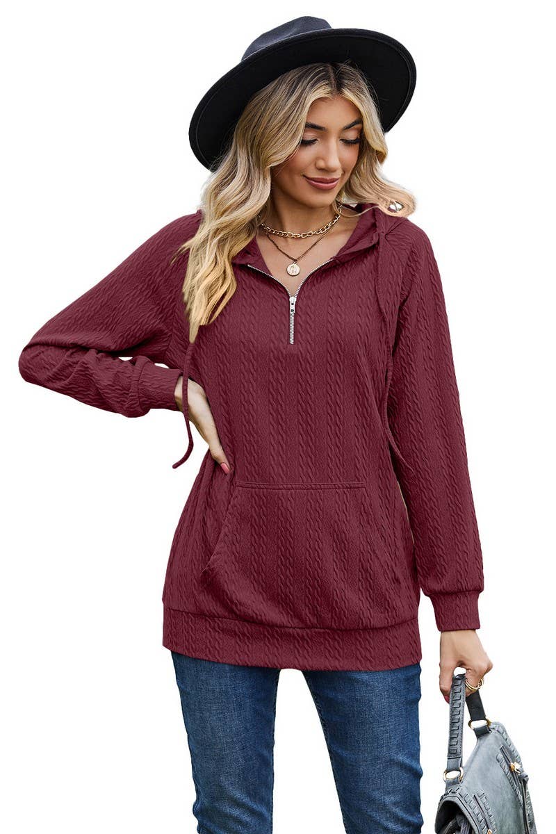 CWOHOL1094_HOODED ZIPPER LOOSE LONG SLEEVE SWEATSHIRT