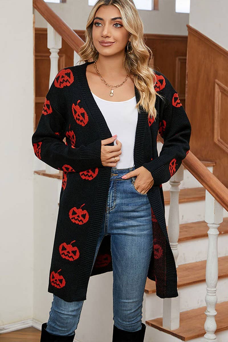 CWOCAL00696_HALLOWEEN PUMPKIN JACQUARD LONG KNIT CARDIGAN