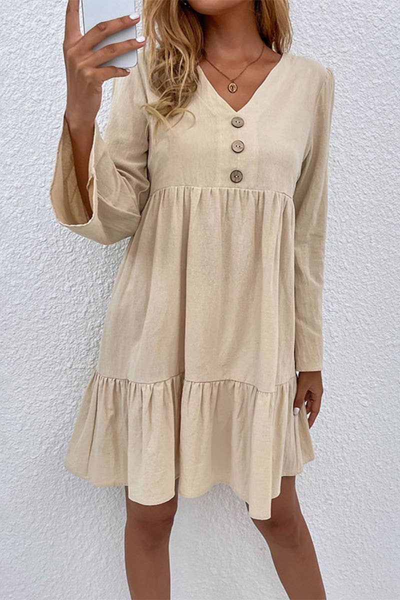 CWDSD2000_V-Neck Button Long Sleeve Pullover Dress