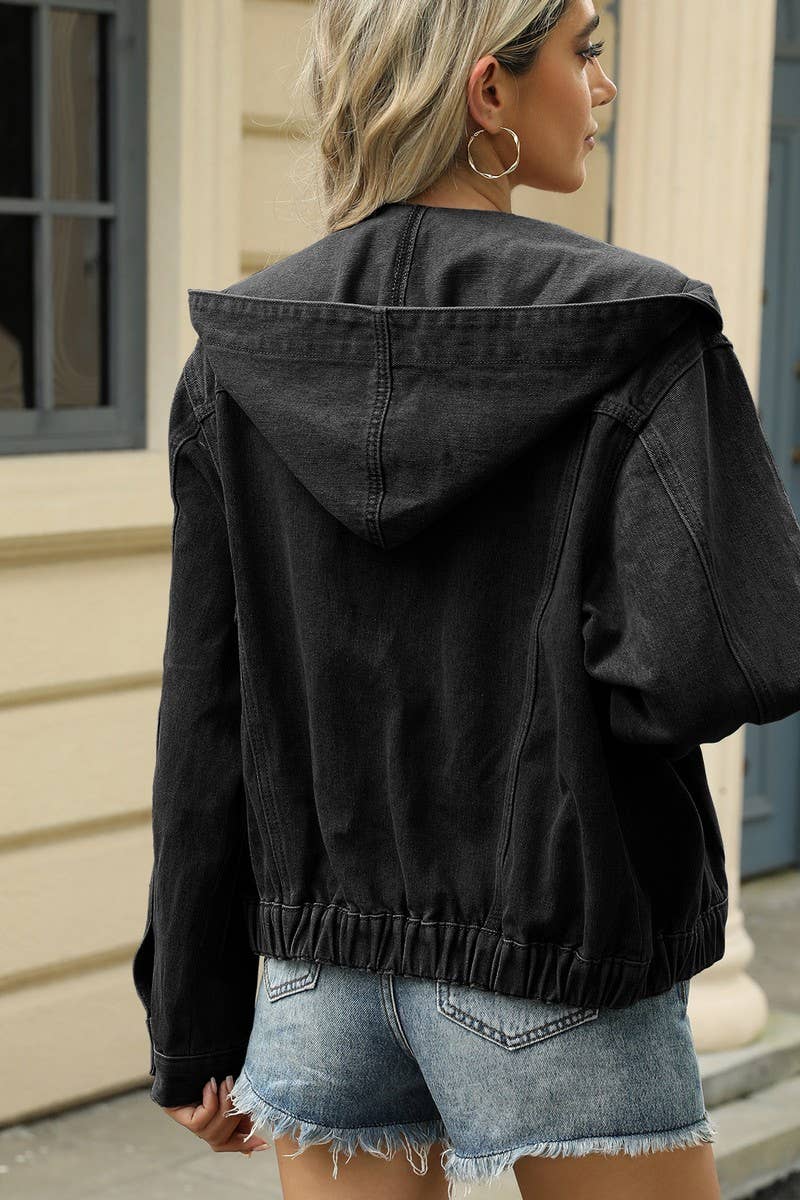 CWJT00080_WASHED LOOSE CASUAL HOODED DENIM JACKET TOP