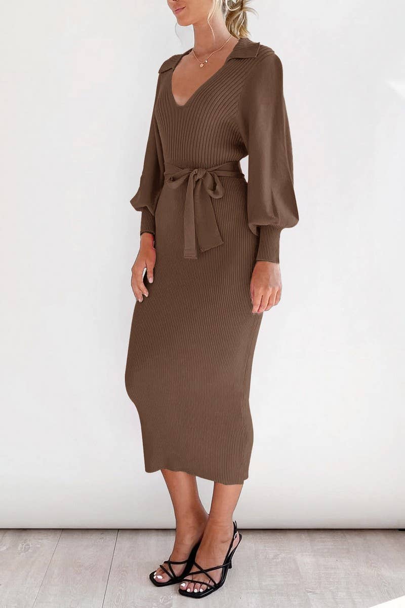 CWDMD01035_VINTAGE LANTERN SLEEVE V NECK KNIT SWEATER DRESS