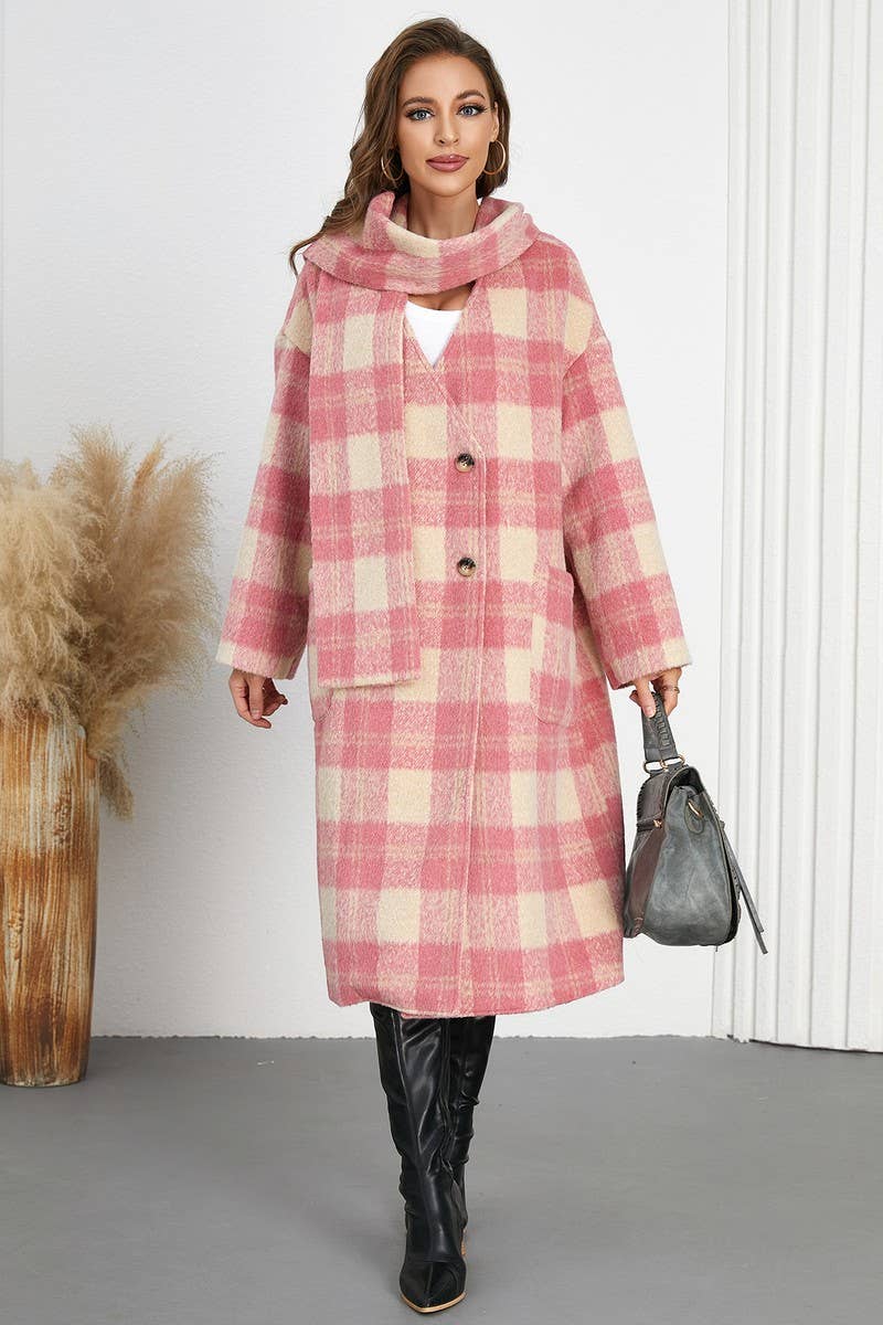 CWOCO0946_DOUBLE BREASTED PLAID V-NECK SCARF COAT