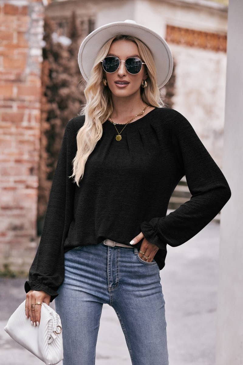 CWTBLL2736_FALL PLEATED CREW NECK LONG SLEEVE TOP