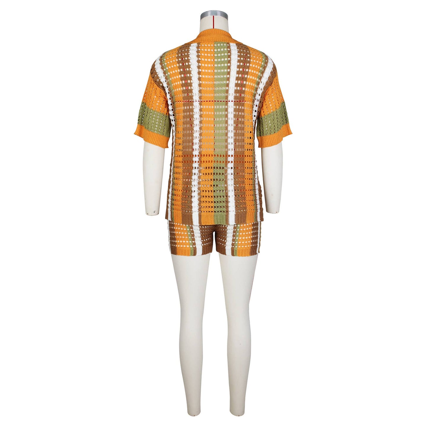 CUT-OUT SEE-THROUGH LAPEL KNIT SHORTS SET