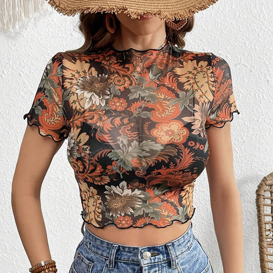 SEMI SHEER MESH  FLORAL PRINT SHORT SLEEVED TOP