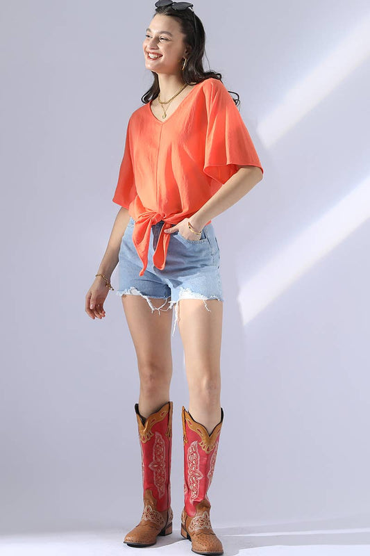 CWTTS700_V NECK TIE UP SHORT SLEEVE CASUAL COOL TOP