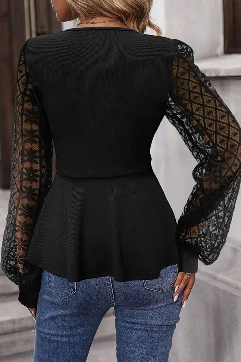 CWTTL2011_TEMPERAMENT MESH SPLICING DEEP V PLEATED T-SHIRT