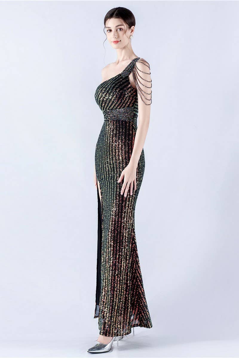 CWDMD4826_ONE-SHOULDER OFF-SHOULDER HIGH-SLIT SEQUINED DRESS