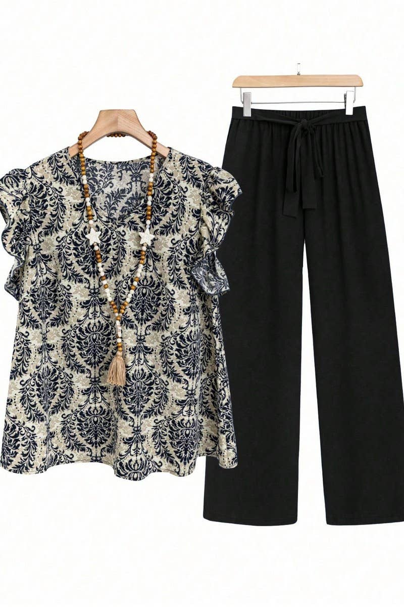 CWSS1104_LOOSE-FITTING RUFFLE SLEEVE FLORAL PRINT SUIT