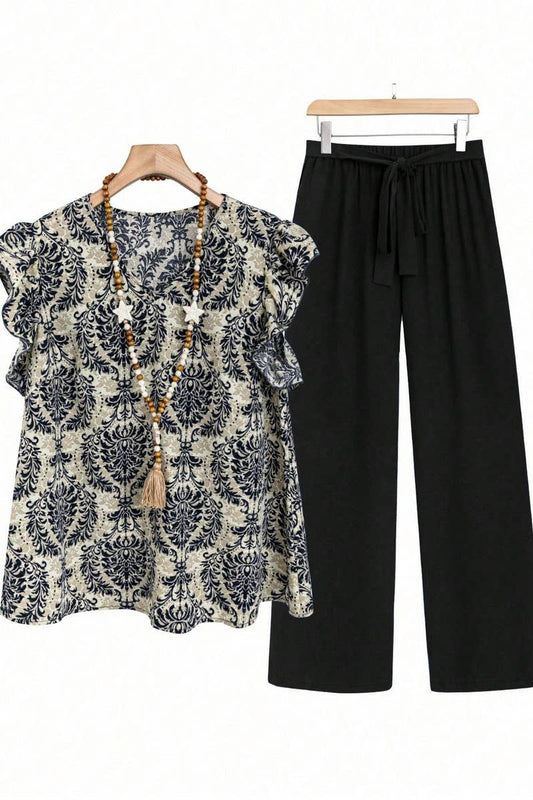 CWSS1104_LOOSE-FITTING RUFFLE SLEEVE FLORAL PRINT SUIT