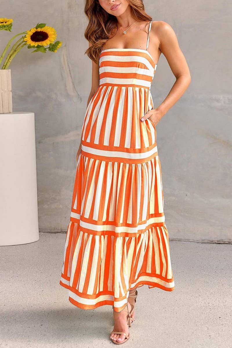 CWDMD5935_STRIPED PRINT BACKLESS POCKET CAMI DRESS