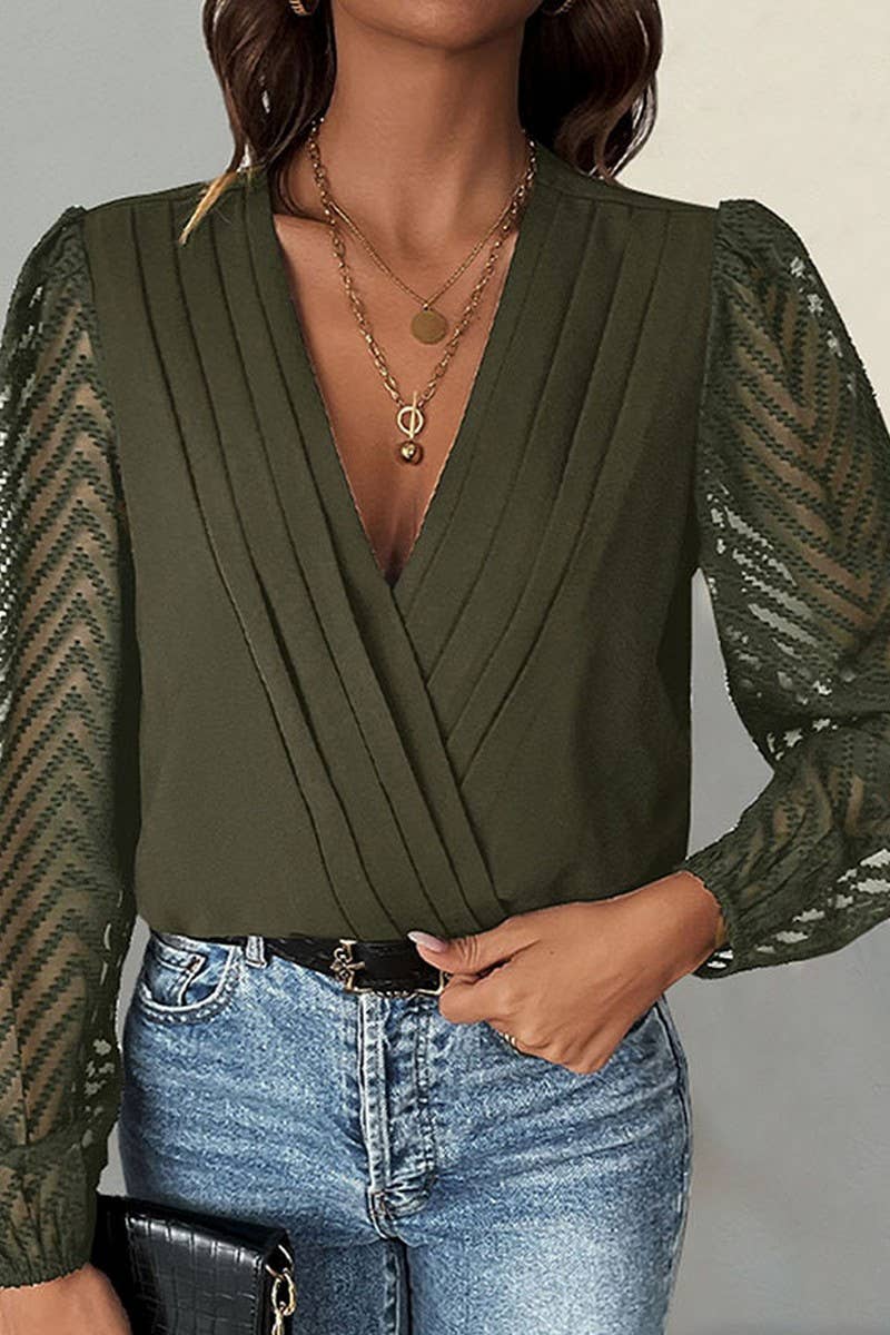 CWSBSL00030_SOLID V-NECK RUFFLE LACE SHEER BODYSUIT