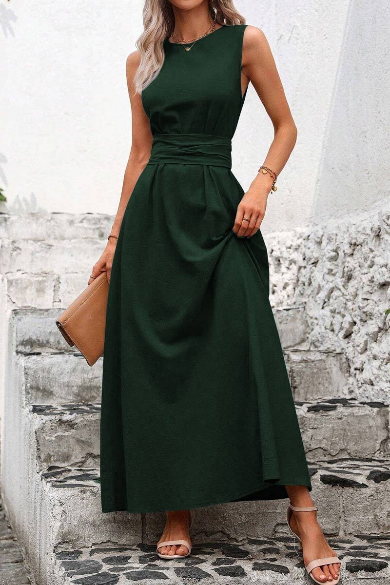 CWDMD5873_SOLID SLEEVELESS TIE WAIST CASUAL TANK DRESS