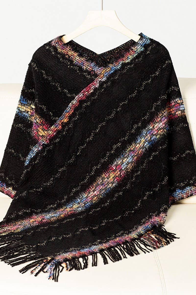 CWOSWS0095_COLORFUL STRIPED KNITTED FRINGE CAPE SHAWL