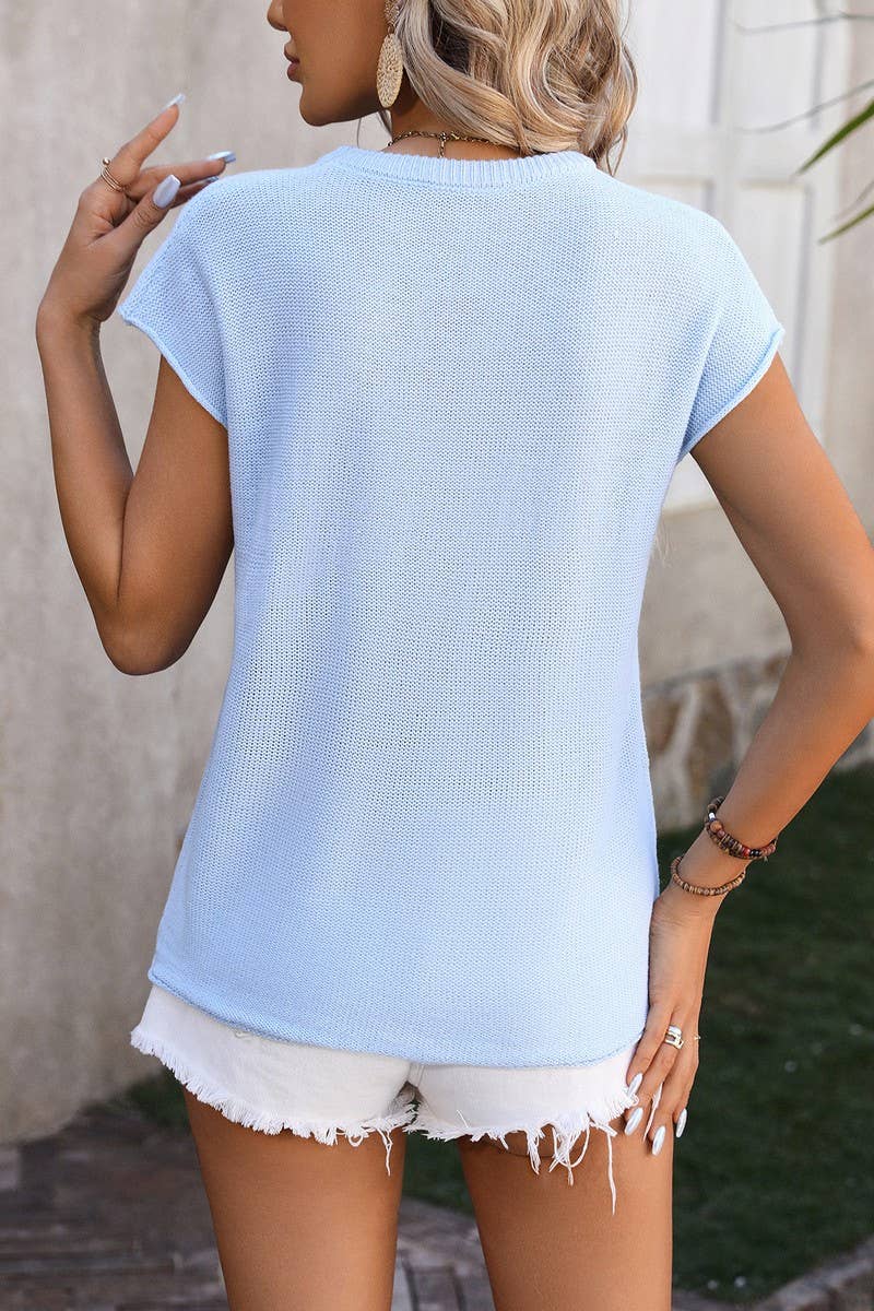 CWOSWS0107_ROUND NECK SOLID COLOR KNIT SHORT SLEEVE TOP