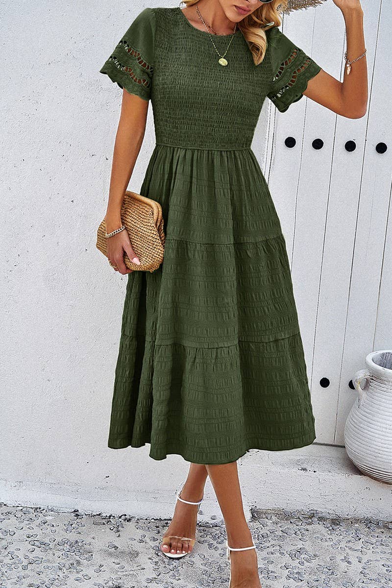 CWDSD2795_Smocking Detailed Short Sleeve Dress