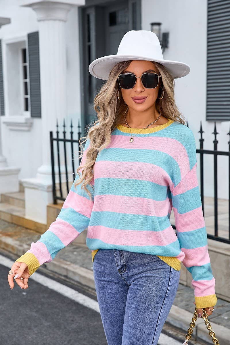 CWOSWL3111_STRIPED CONTRAST LONG-SLEEVED KNITTED PULLOVER