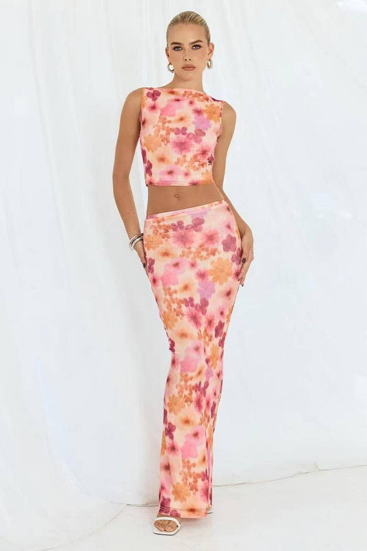 CWSTB1951_SLEEVELESS MESH FLORAL PRINT SKIRT SET