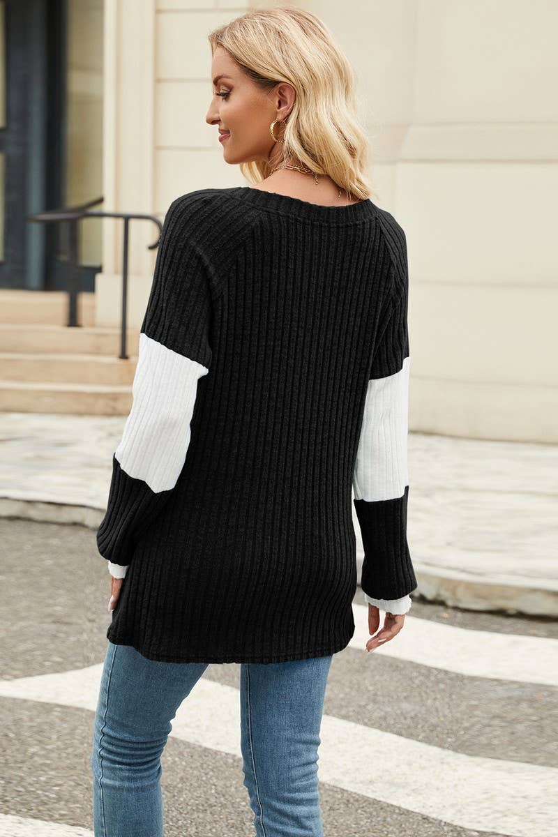 CWOSWL6830_NEW LONG SLEEVE V-NECK CONTRAST LOOSE BUTTON TOP