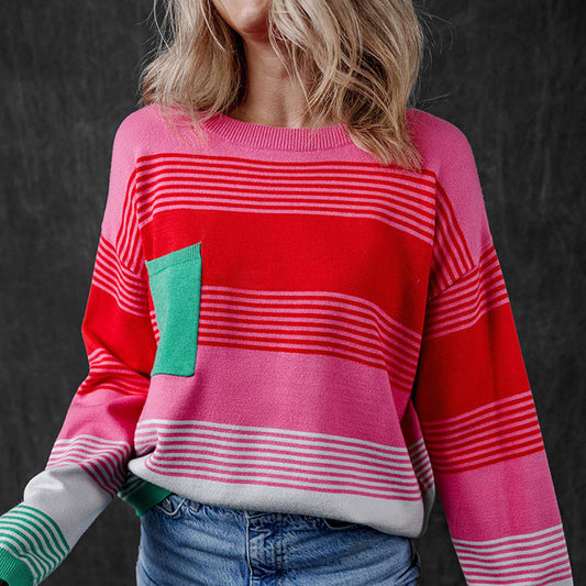 CASUAL LOOSE COLOR PATCHWORK CREW-NECK SWEATER