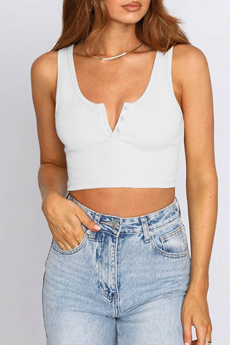 CWTTK0814_RIBBED U-NECK BUTTON CROPPED SLEEVELESS TANK TOP
