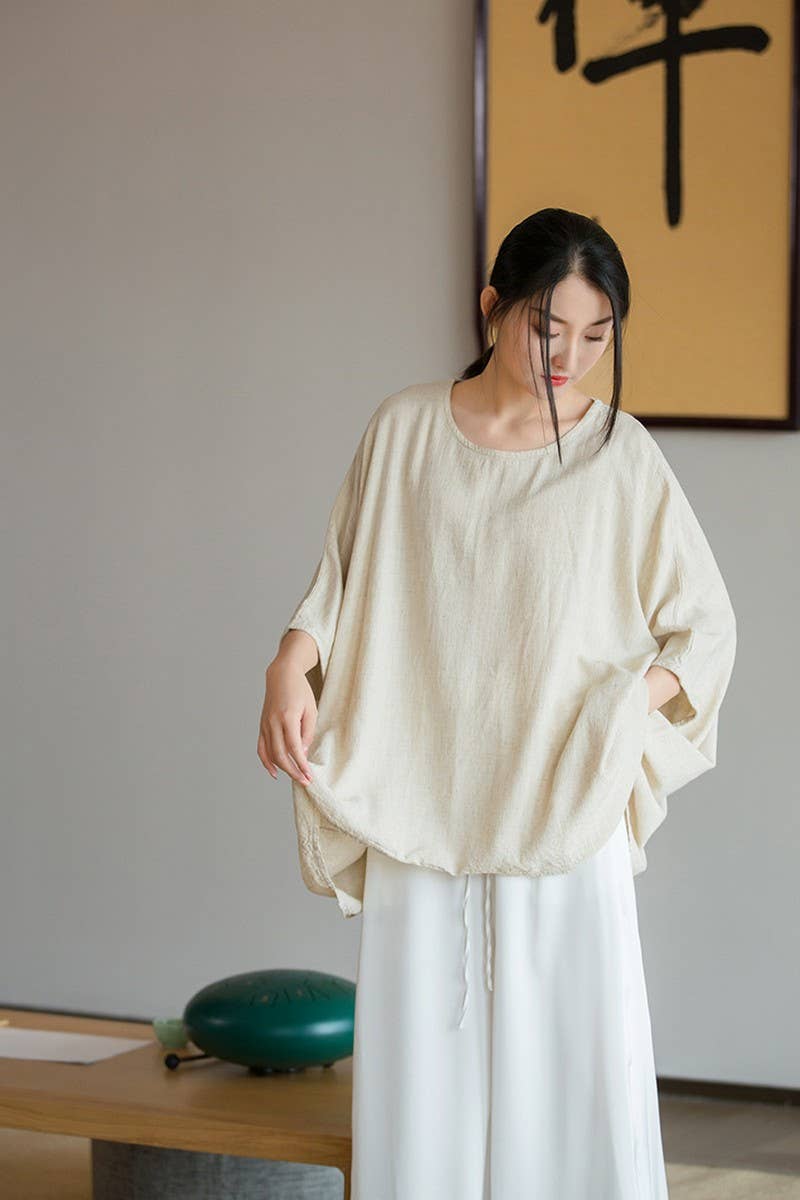CWTBLS1454_LINEN BATWING SLEEVE SUN PROTECTION TOP