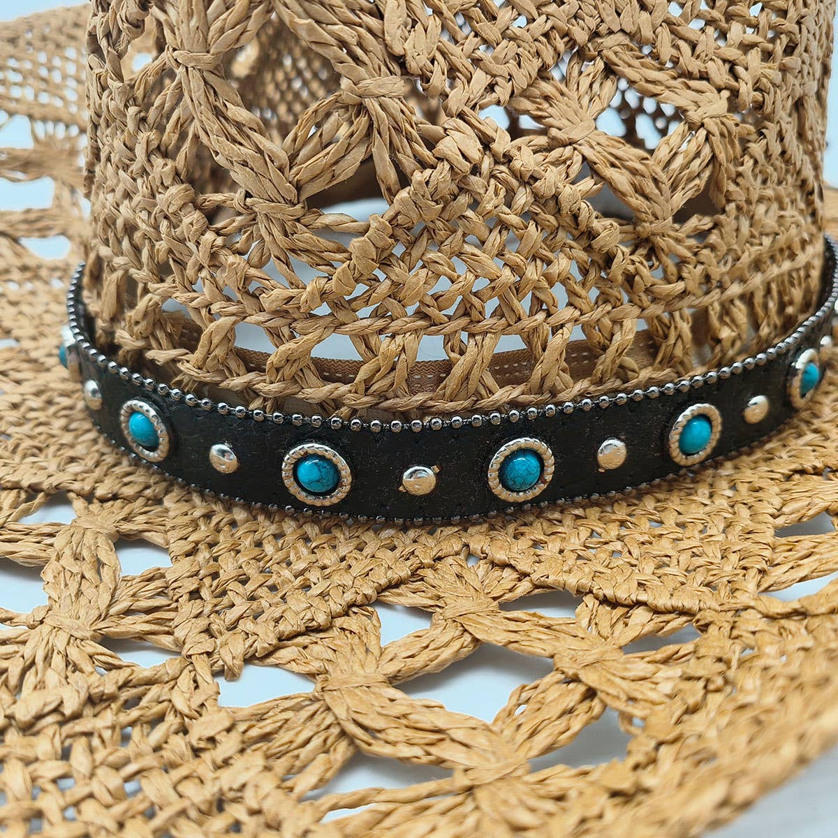 Cowboy Straw Hat with Turquoise Belt Decor_CWAH1252