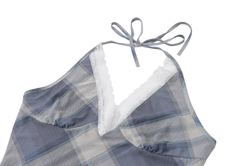 A V-neck lace lace checkered retro slim dress