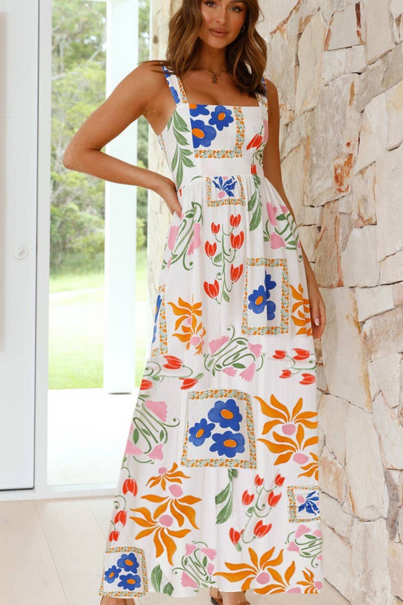 CWDMD6001_FLORAL PRINT LONG SPAGHETTI STRAP DRESS