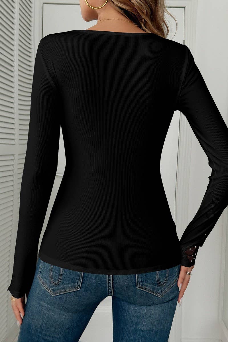 CWTBLL3923_SOLID LACE TRIM RHINESTONE LONG SLEEVE TEE
