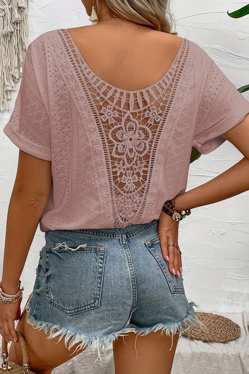 CWTTS1397_SUMMER SOLID COLOR EMBROIDERED HOLLOW T-SHIRT