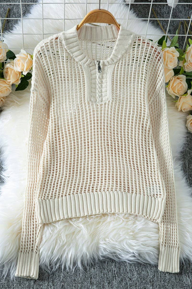 CWOSWL6869_TRENDY ZIP HALF COLLAR HOLLOW OUT KNIT SWEATER