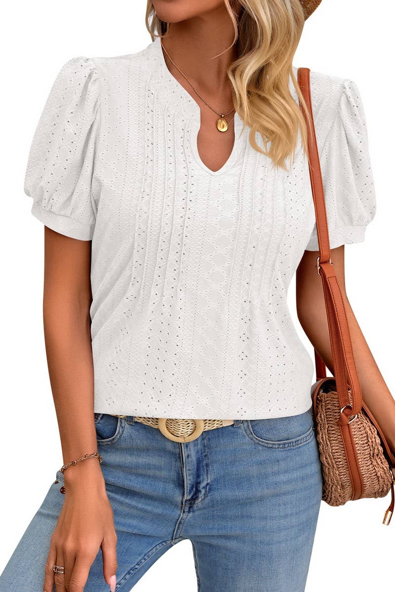 CWTBLS0794_SOLID COLOR V NECK LOOSE SHORT SLEEVED TOP