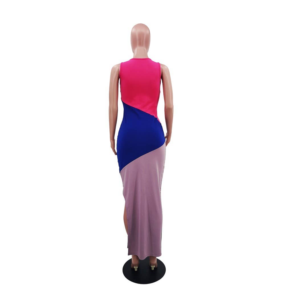 COLOR CONTRAST CASUAL SLIM LONG DRESS