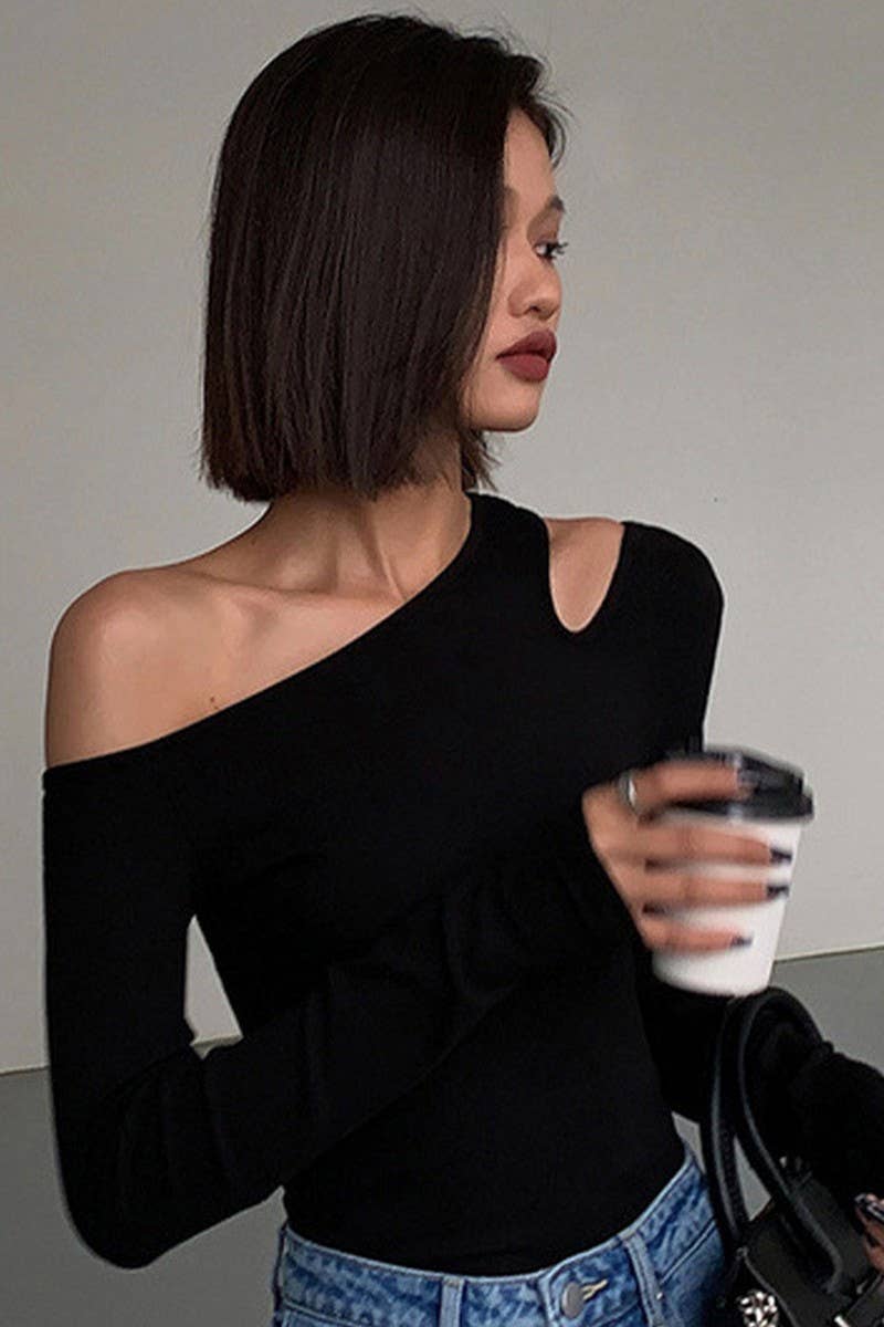 CWTBLL00709_OFF SHOULDER FITTED LONG SLEEVE TEE TOP