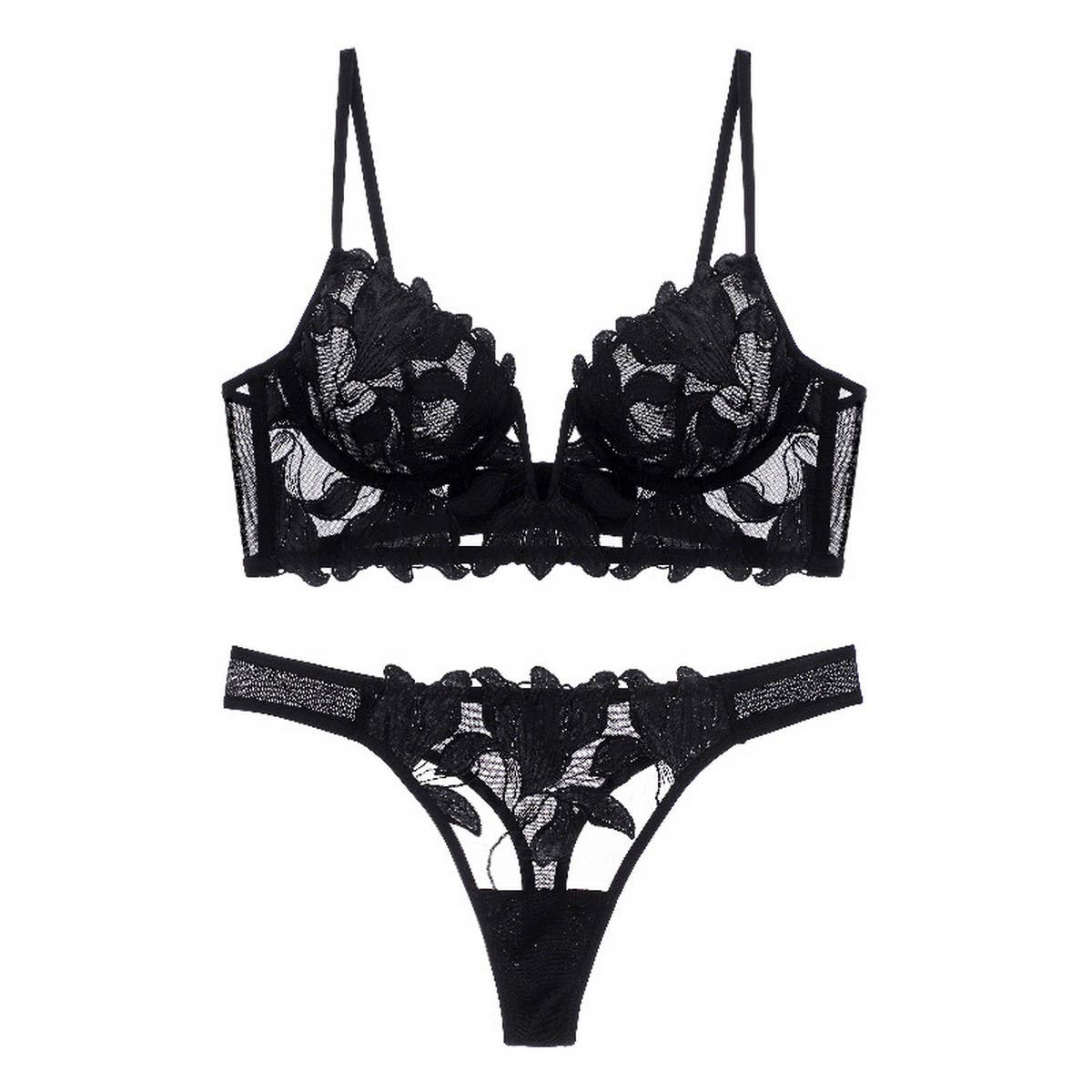 FLOWER EMBROIDERED MESH BREATHABLE LINGERIE SET