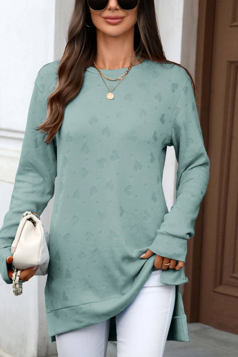 CWTBLL01288_ROUND NECK LONG SLEEVE SLIT SOLID COLOR TOP