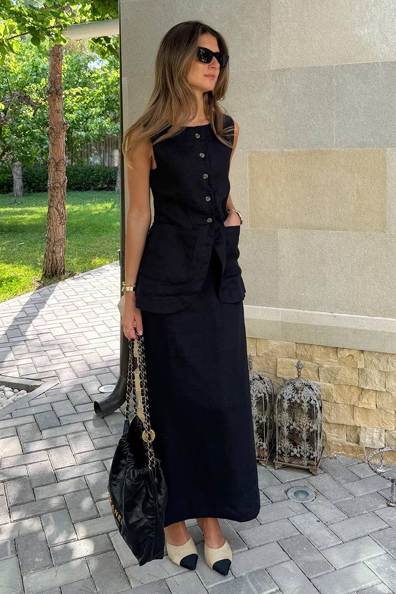 CWSS1141_LINEN SLEEVELESS TANK TOP & HIGH WAIST SKIRT SET