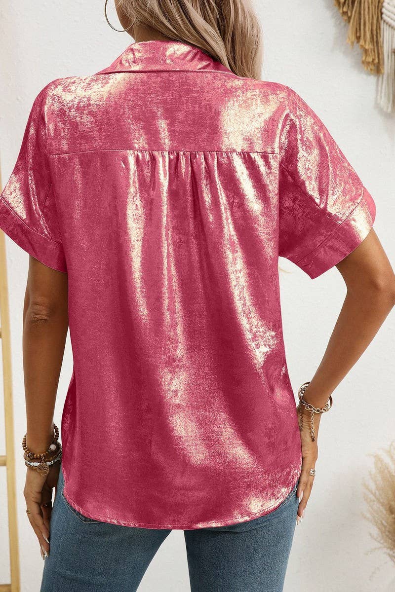 CWTBLS2257_METALLIC COLLARED SHORT SLEEVE RELAXED SHIRT
