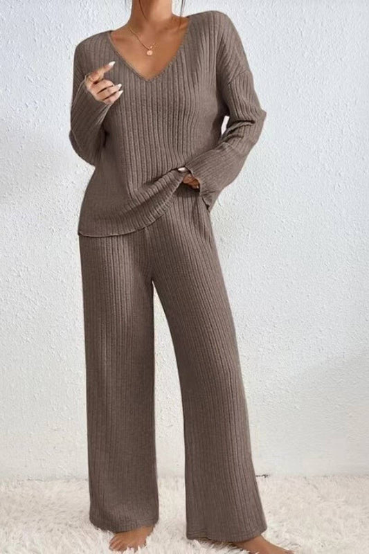 CWSTB1320_V-NECK CASUAL RIBBED BRUSHED LONG-SLEEVED SUIT