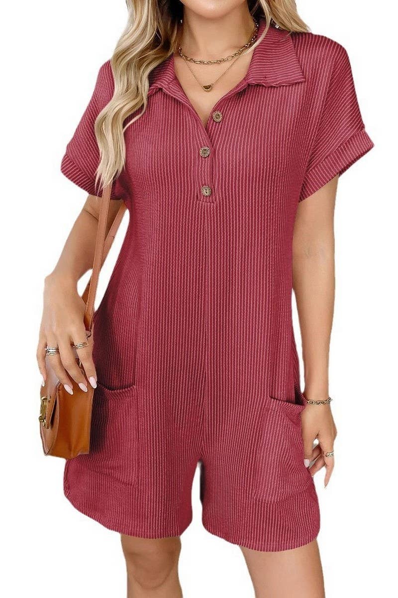 CWSJS1447_SUMMER COLLAR BUTTON LOOSE POCKET JUMPSUIT