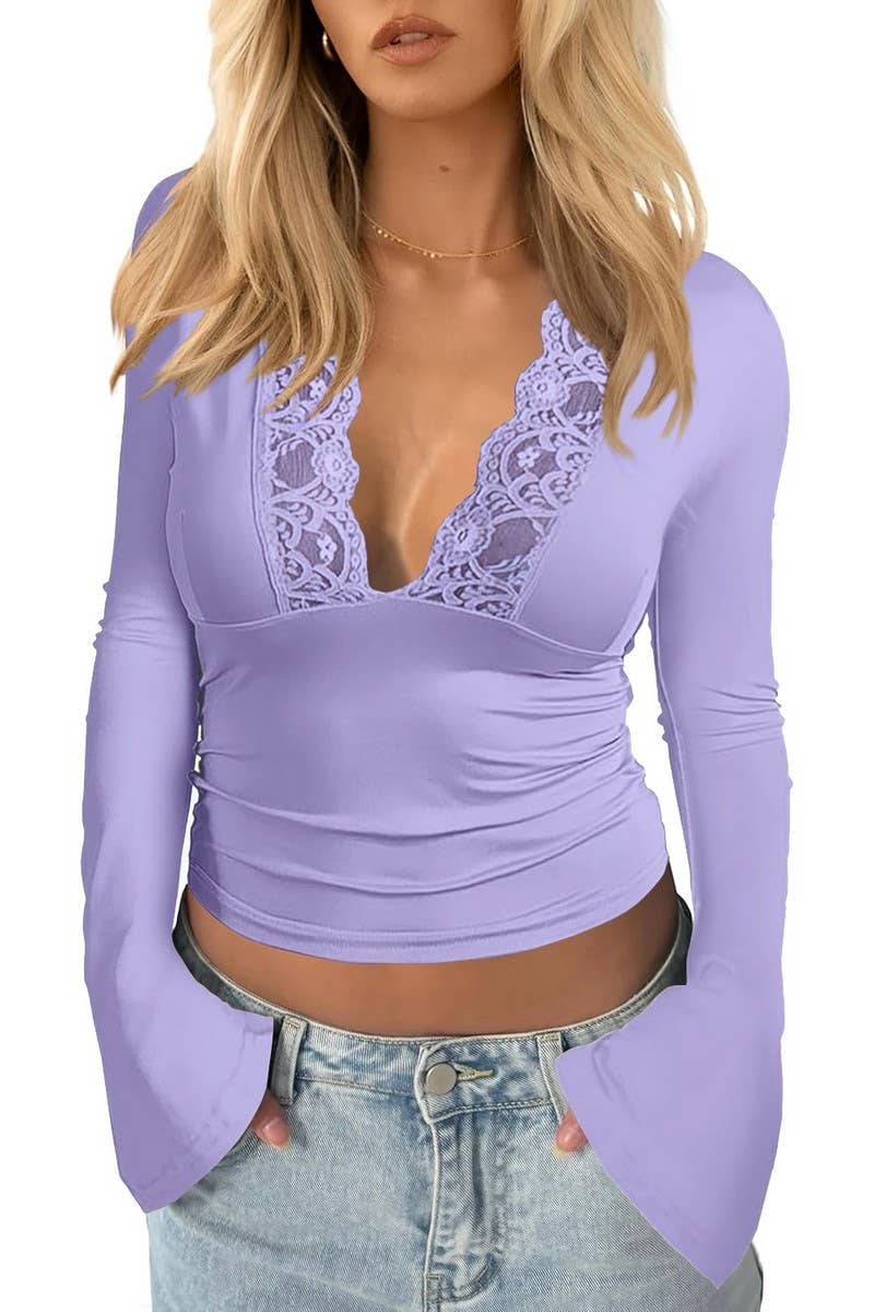 CWTBLL3700_V-NECK LACE STITCHING LONGSLEEVED BOTTOMING SHIRT