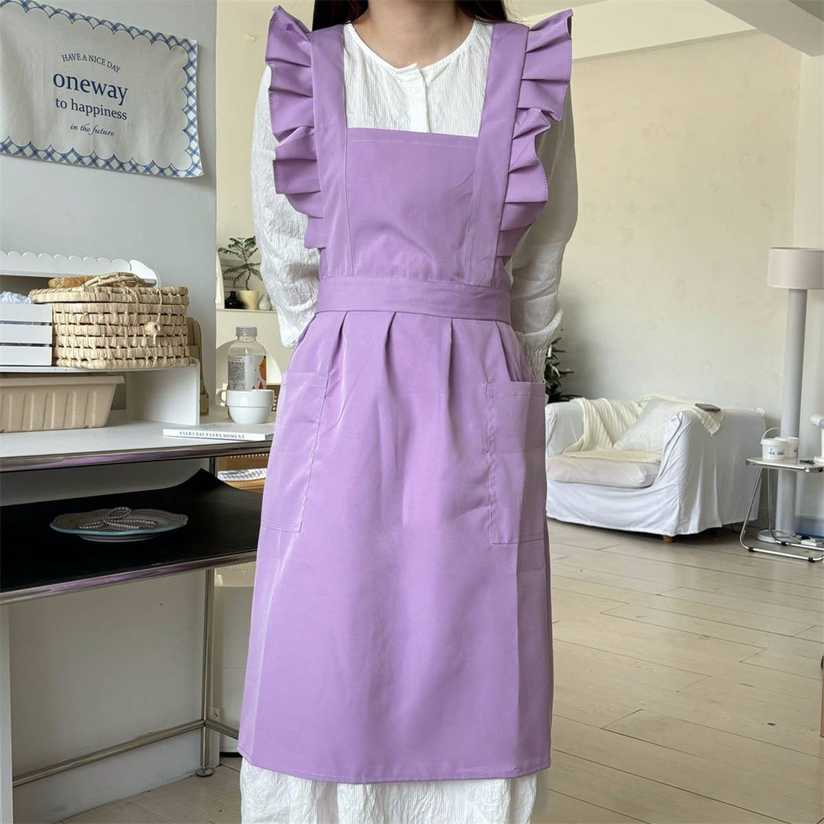 WATERPROOF AND OIL-PROOF OXFORD RUFFLED CROSS APRON
