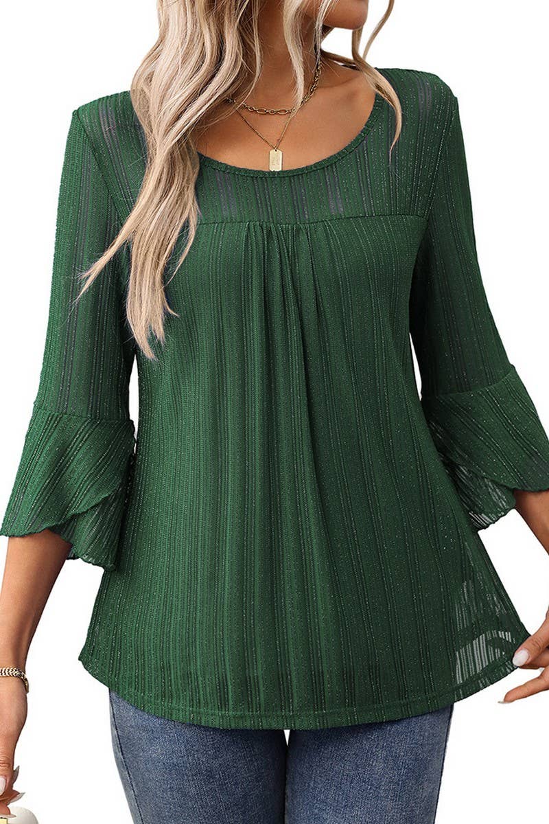 CWTBLL3696_ROUND NECK RUFFLE SLEEVE GLITTER MESH TOP