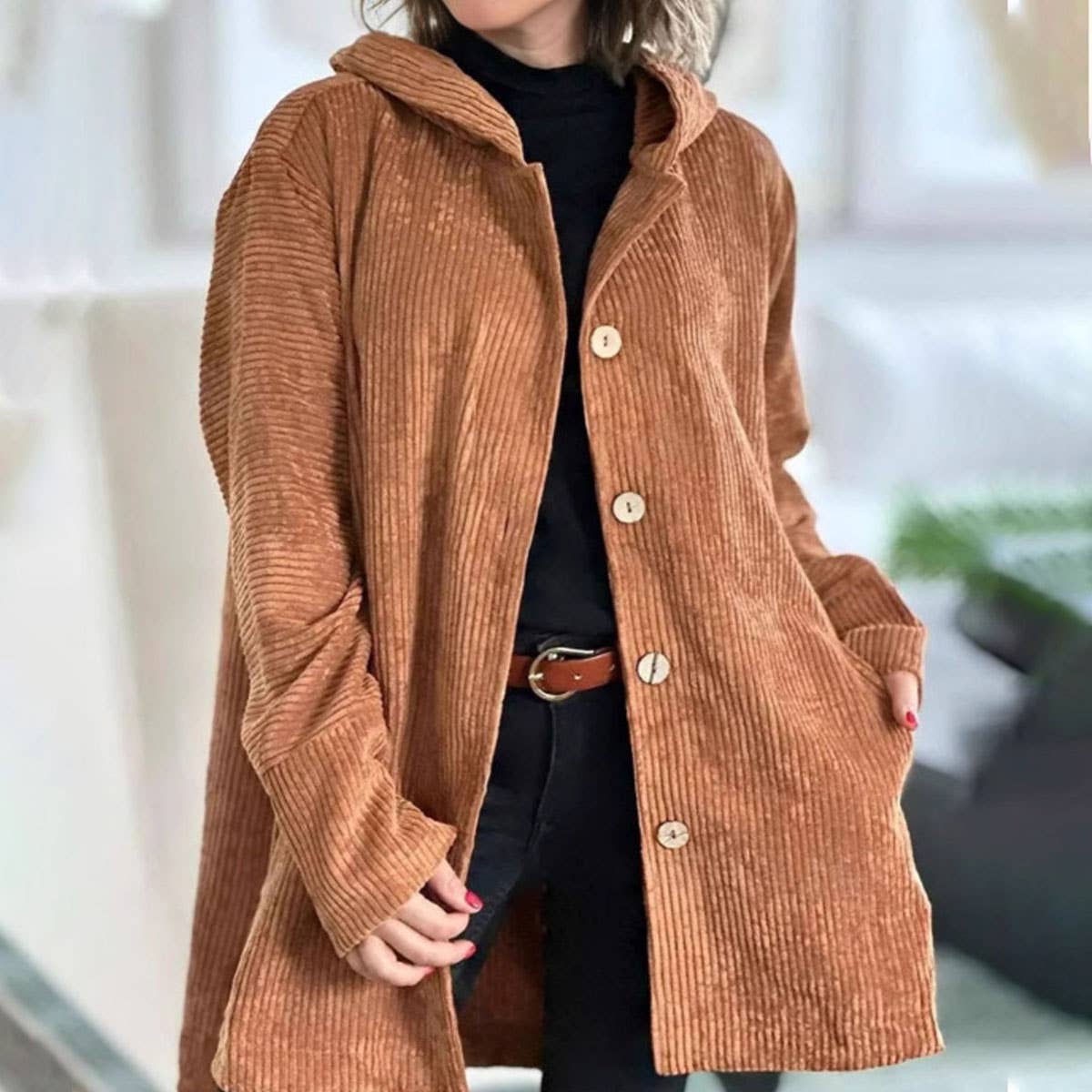 CORDUROY LONG SINGLE BREASTED HOODED LOOSE JACKET