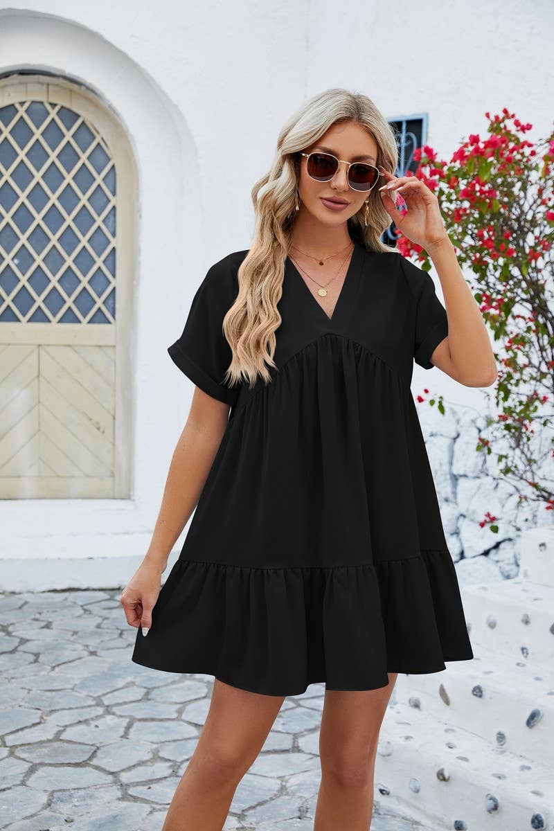 CWDSD3113_V Neck Tiered Short Sleeve Dress
