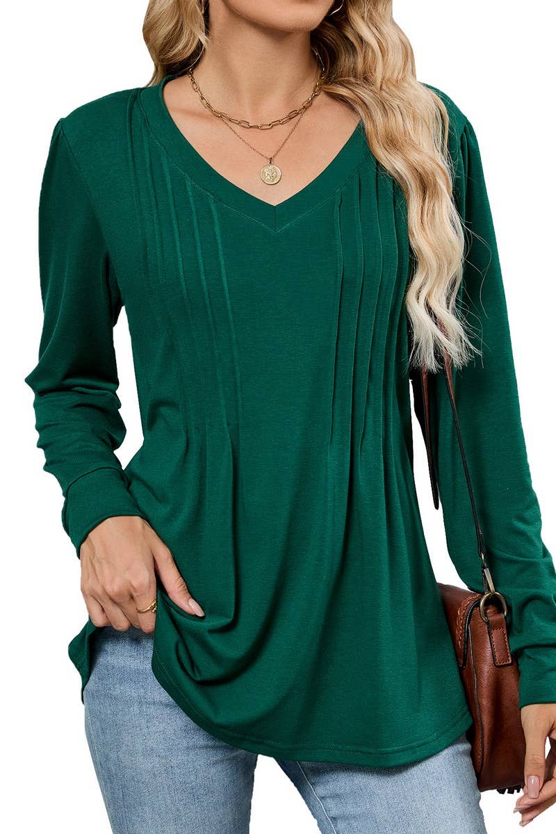 CWTBLL01306_V NECK RIBBED SOLID LONG SLEEVE CASUAL TEE